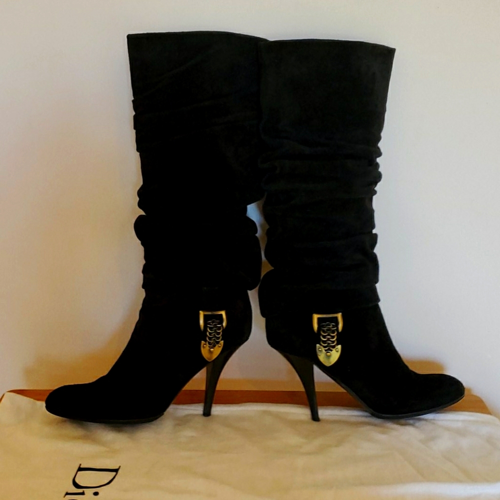 Dior Black Suede Boots Knee High 4in Stilletto 39